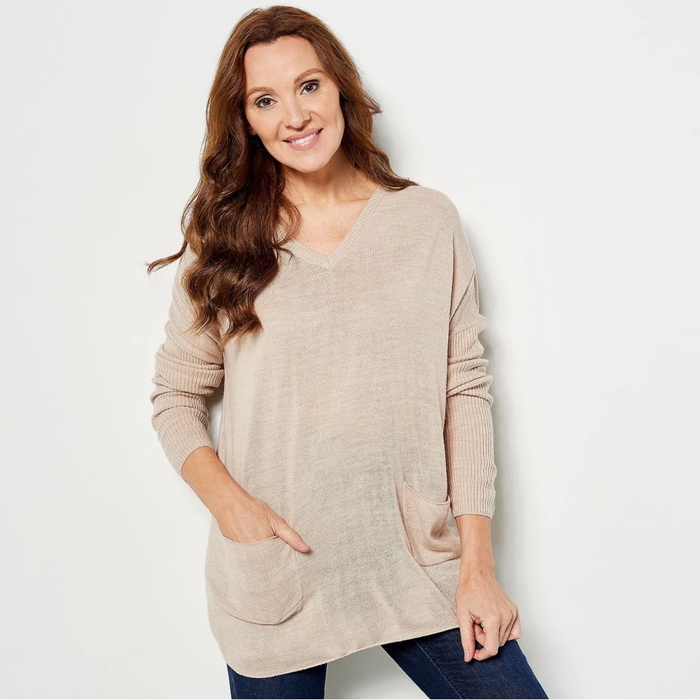 Denim&Co. V-Neck Drop Shoulder Tunic Honey Beige Heather Oversized Sweater - Med
